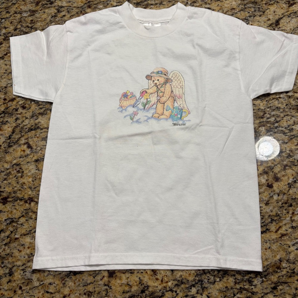 Vintage Hanes Marjorie Sarnat Angel Bear Kids T-Shirt White Youth M 10-12 v